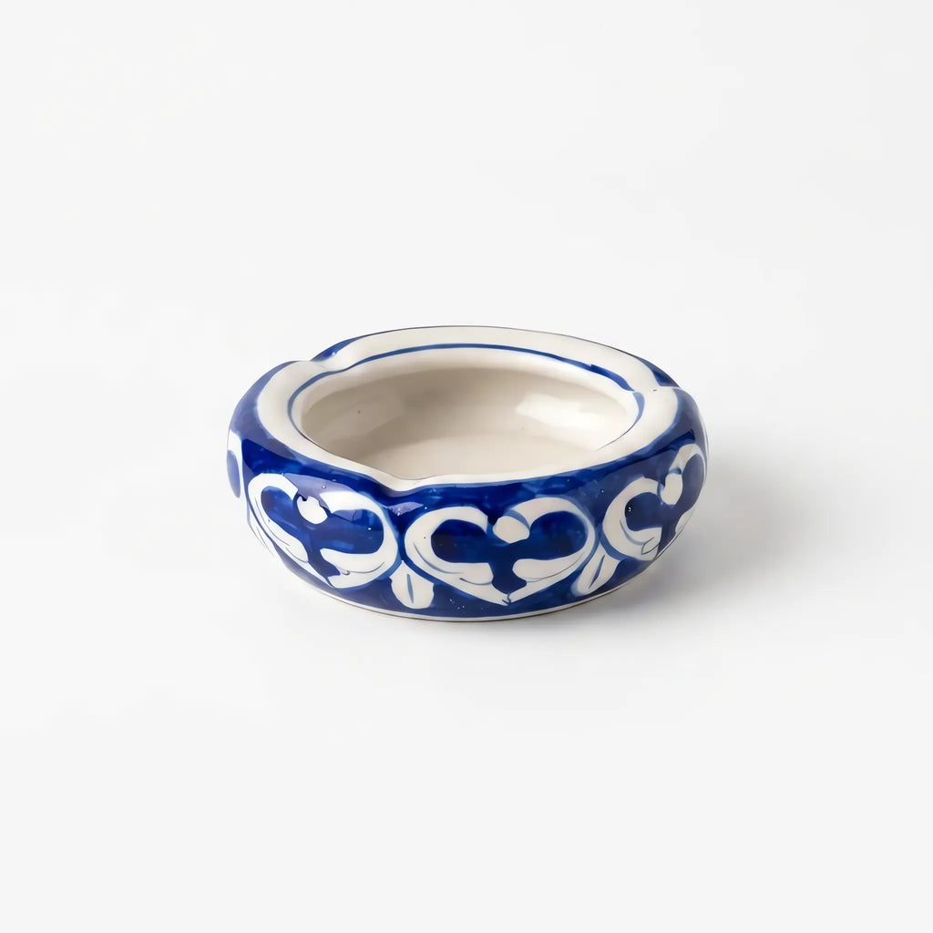 Blue Pottery Ashtray - 3 Inch Hand-Painted Ceramic Ashtray & Desk Dish (Heart Scroll Design)