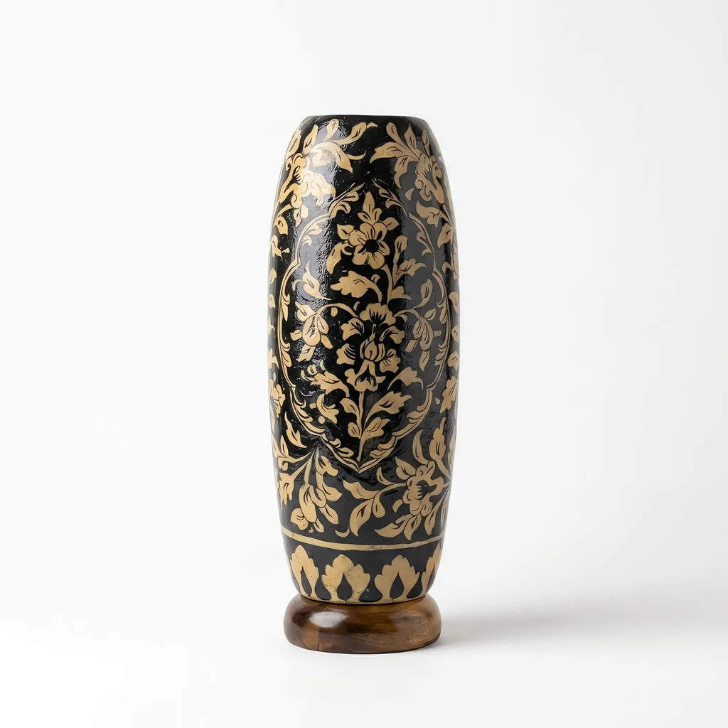 Camel Skin Lamp - Tall Hand-Painted Multani Table Lamp with Black and Cream Naqashi