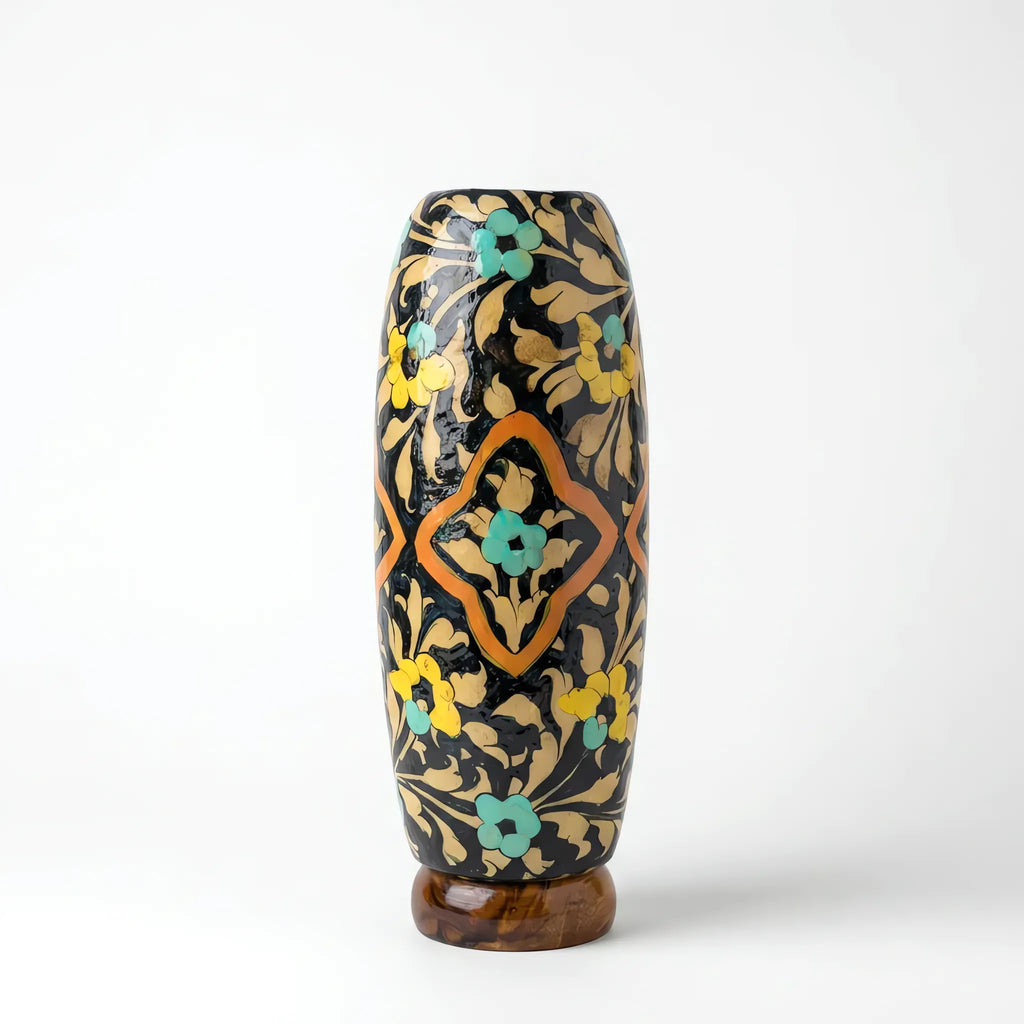 Camel Skin Lamp - Tall Hand-Painted Multani Table Lamp with Turquoise and Yellow Floral Naqashi