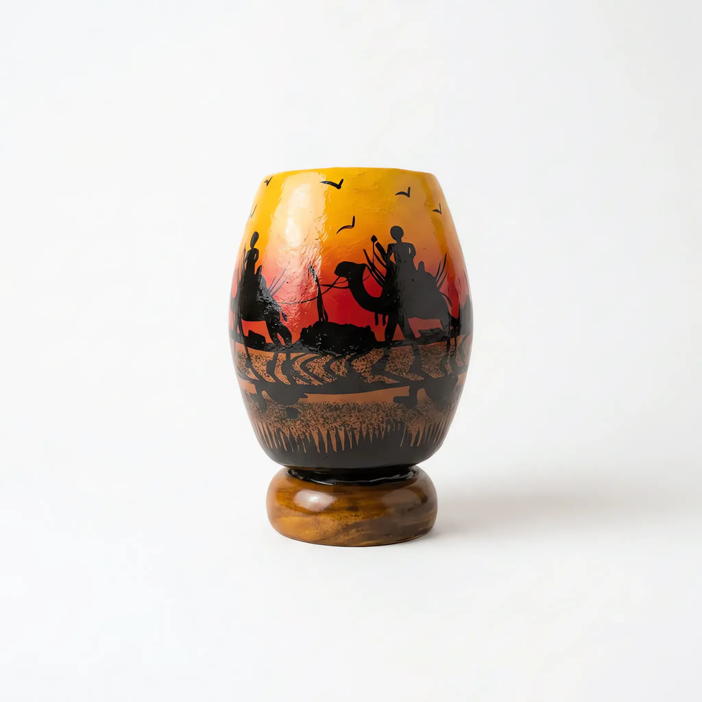 Small Camel Skin Lamp - Hand-Painted Desert Caravan Scene on Turned Wooden Base