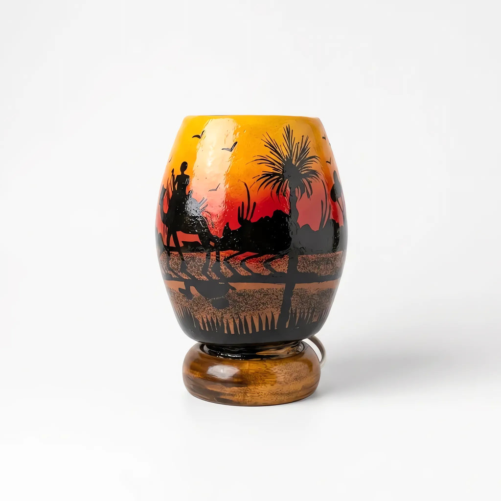 Small Camel Skin Lamp - Hand-Painted Desert Caravan Scene on Turned Wooden Base