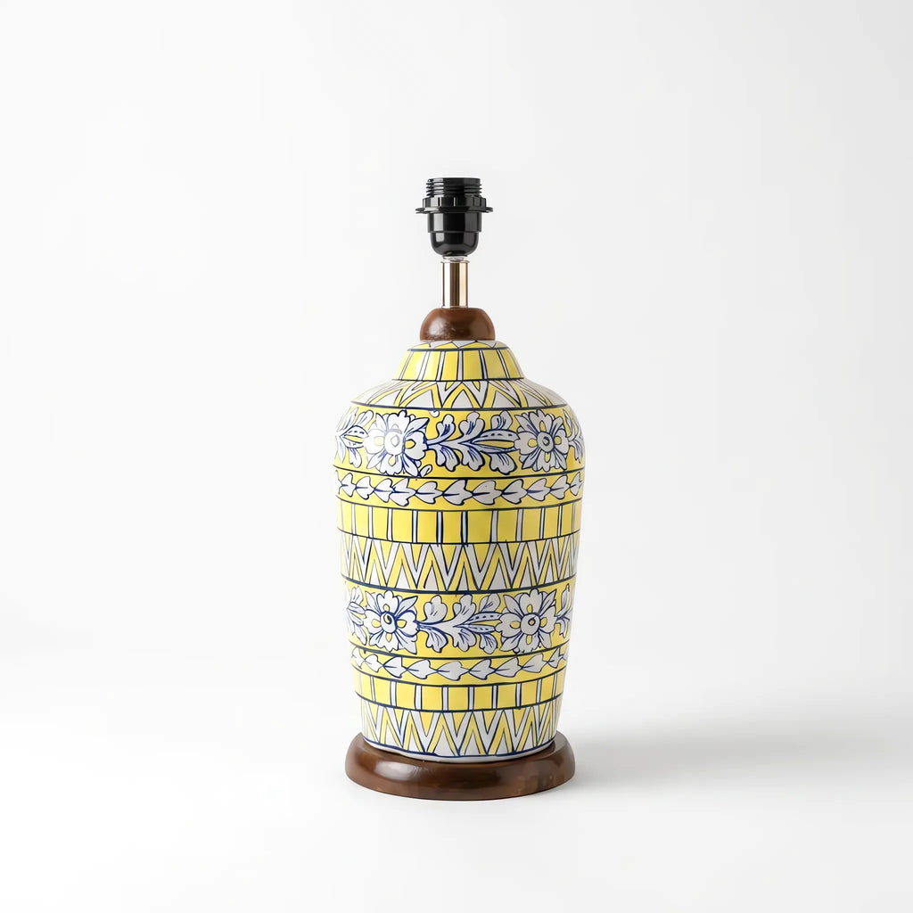 Blue Pottery Slim Table Lamp Base - Hand-Painted Yellow and Blue Floral Ceramic Lamp Base