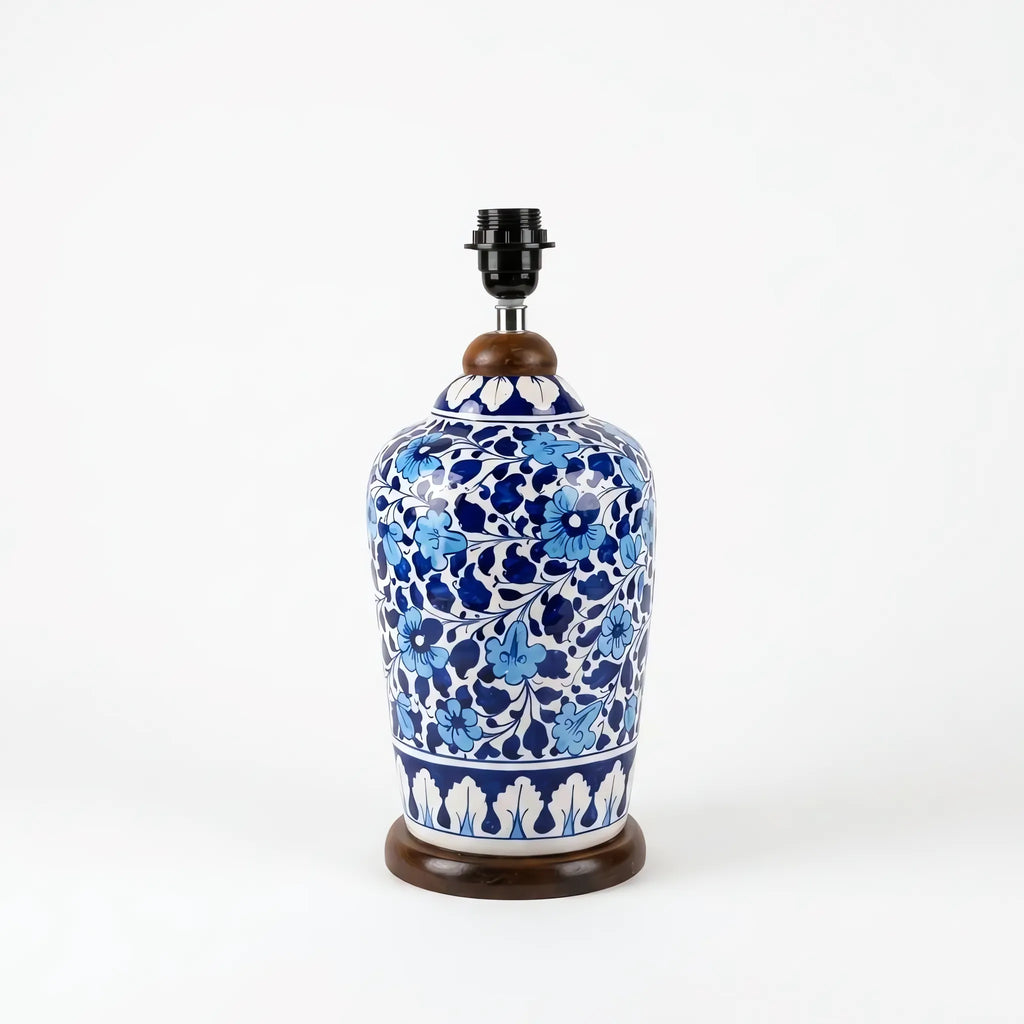 Blue Pottery Slim Table Lamp Base - Hand-Painted Cobalt Floral Vine Ceramic Lamp Base