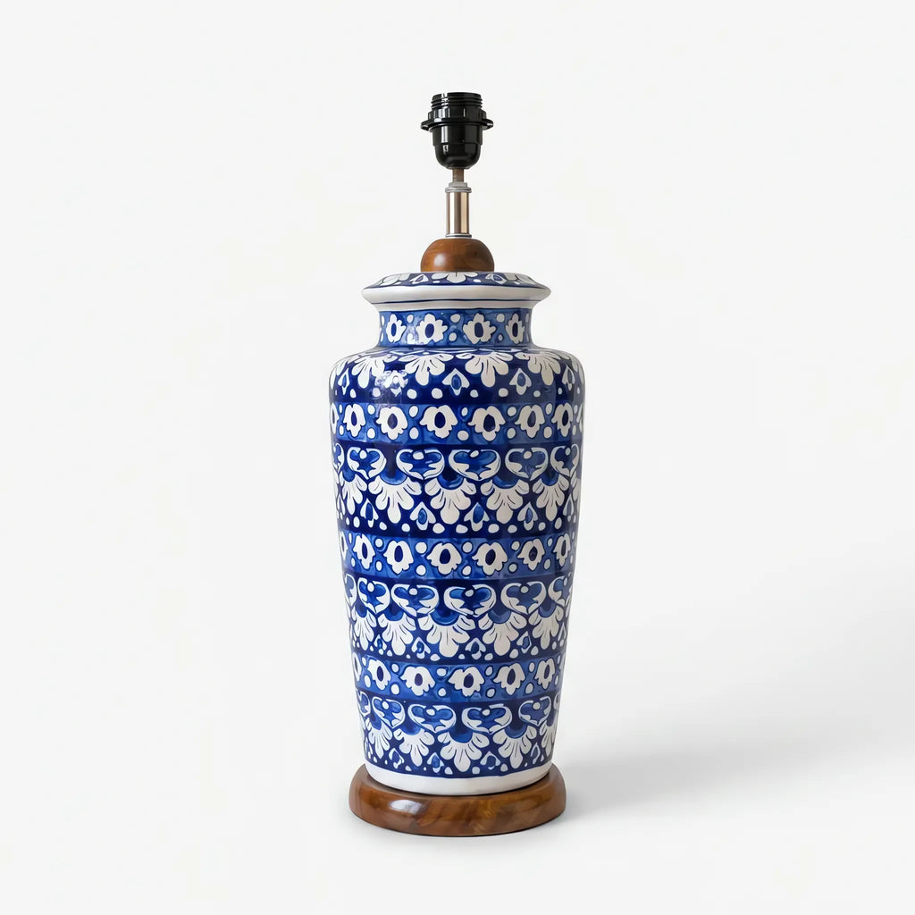 Blue Pottery Table Lamp Base - Tall Hand-Painted Ceramic Lamp Base with Banded Rosette Design