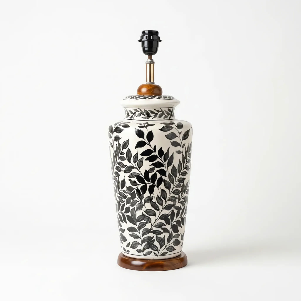 Ceramic Table Lamp Base - Tall Hand-Painted Black and White Leaf Vine Lamp Base