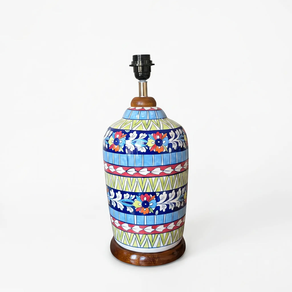 Blue Pottery Slim Table Lamp Base - Hand-Painted Ceramic Lamp Base in Cobalt, Yellow and Red Bands