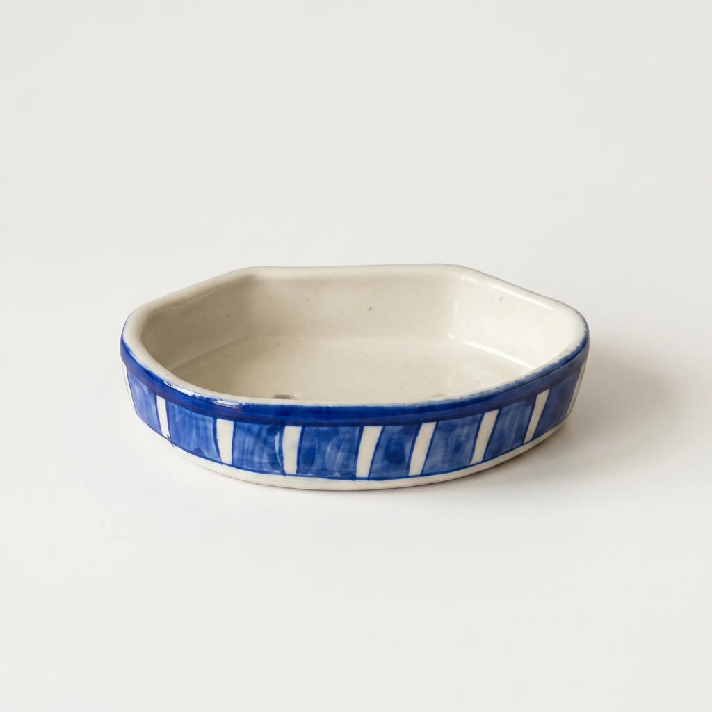Multani Blue Pottery Soap Tray – Blue Stripe Ceramic Soap Holder (6x3.5 Inch with Drainage)