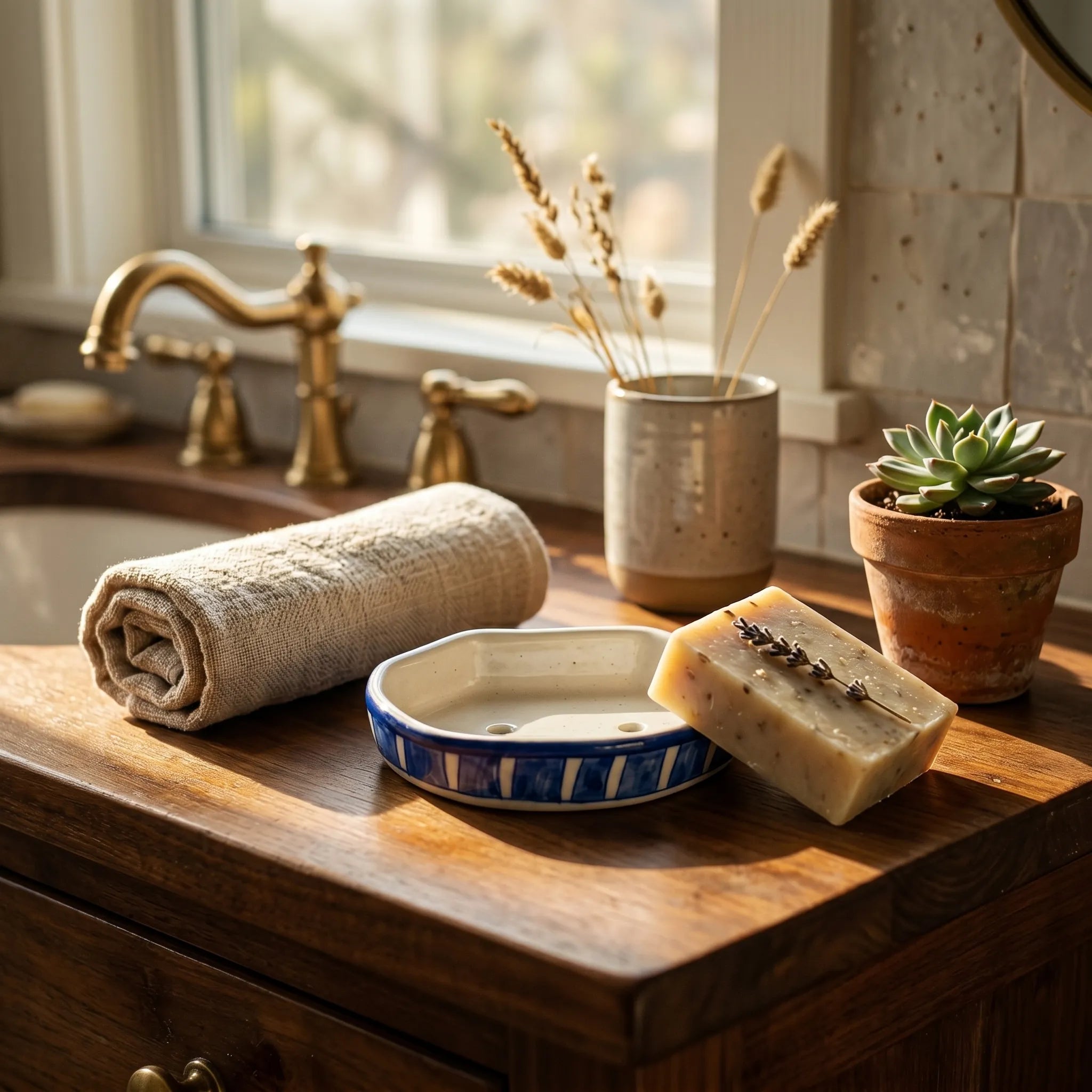 Multani Blue Pottery Soap Tray – Blue Stripe Ceramic Soap Holder (6x3.5 Inch with Drainage)