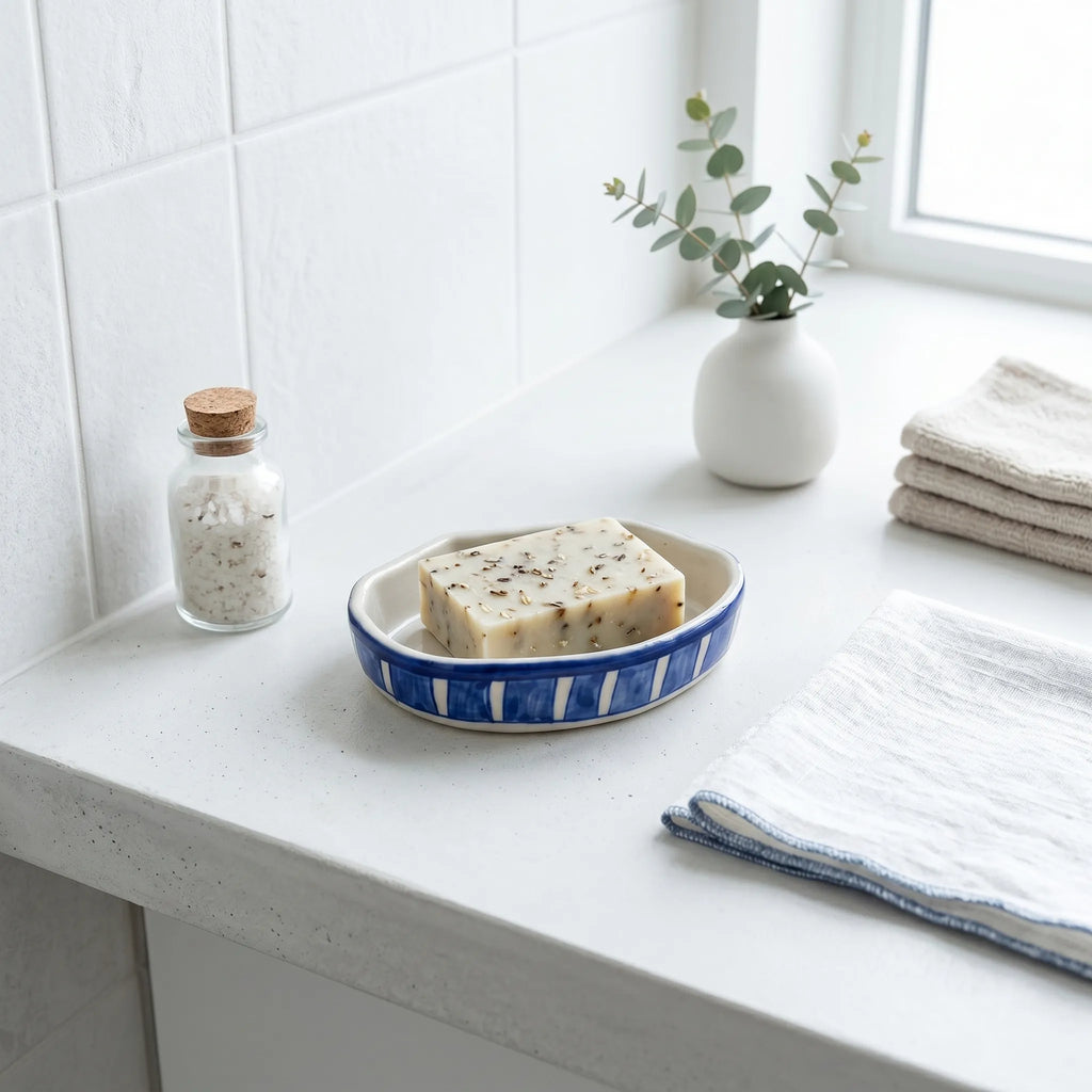 Multani Blue Pottery Soap Tray – Blue Stripe Ceramic Soap Holder (6x3.5 Inch with Drainage)