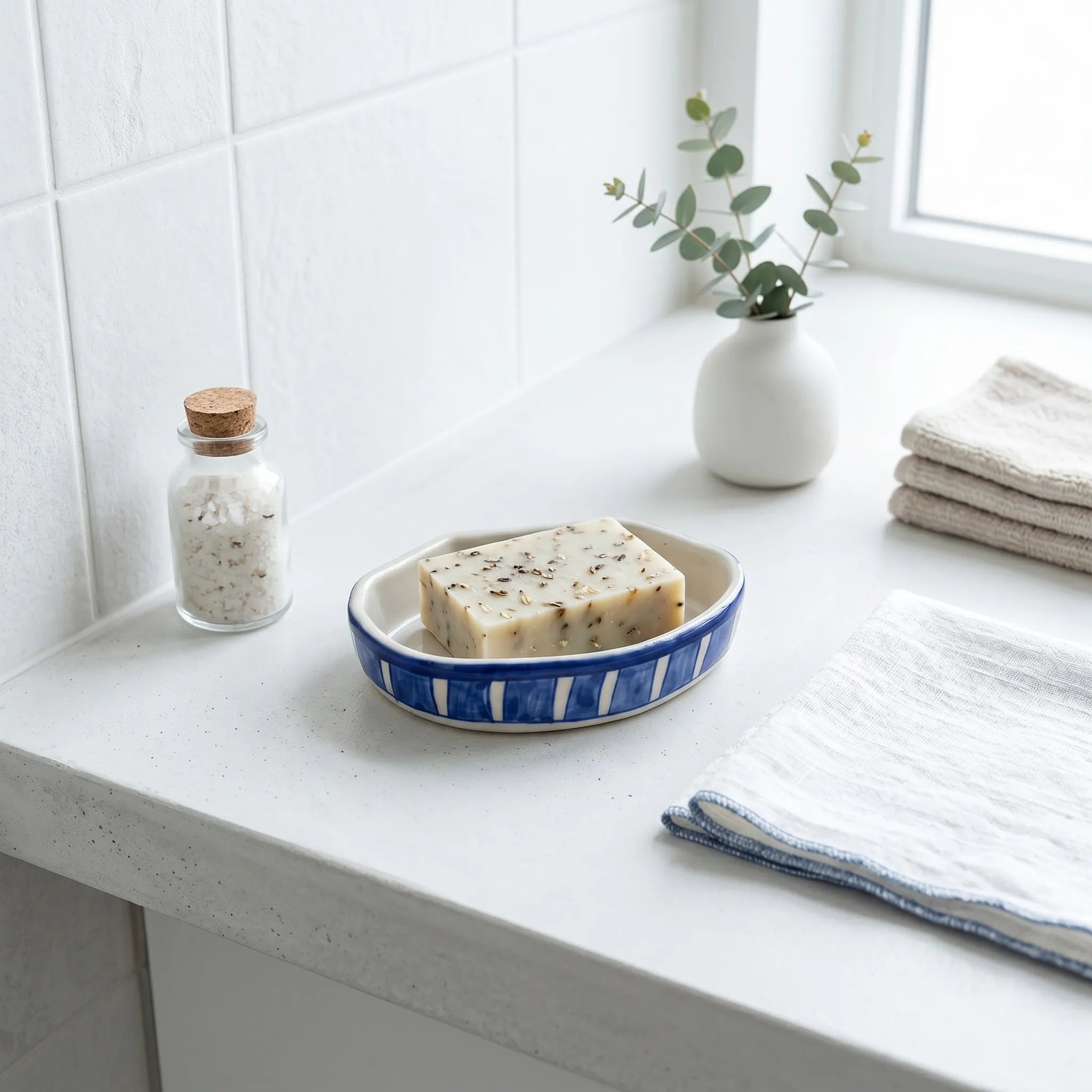 Multani Blue Pottery Soap Tray – Blue Stripe Ceramic Soap Holder (6x3.5 Inch with Drainage)