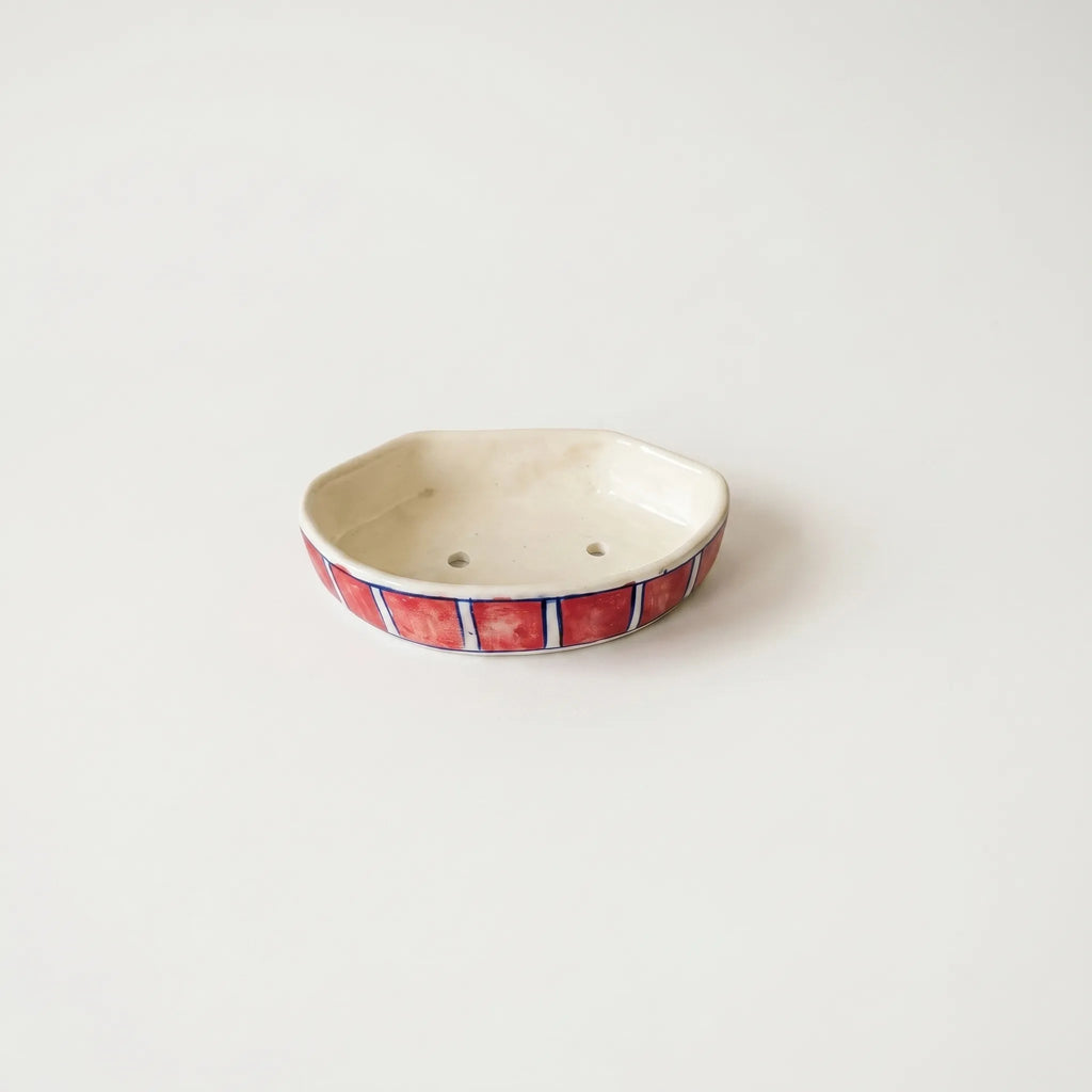 Multani Blue Pottery Soap Tray – Red Stripe Ceramic Soap Holder (6x3.5 Inch with Drainage)