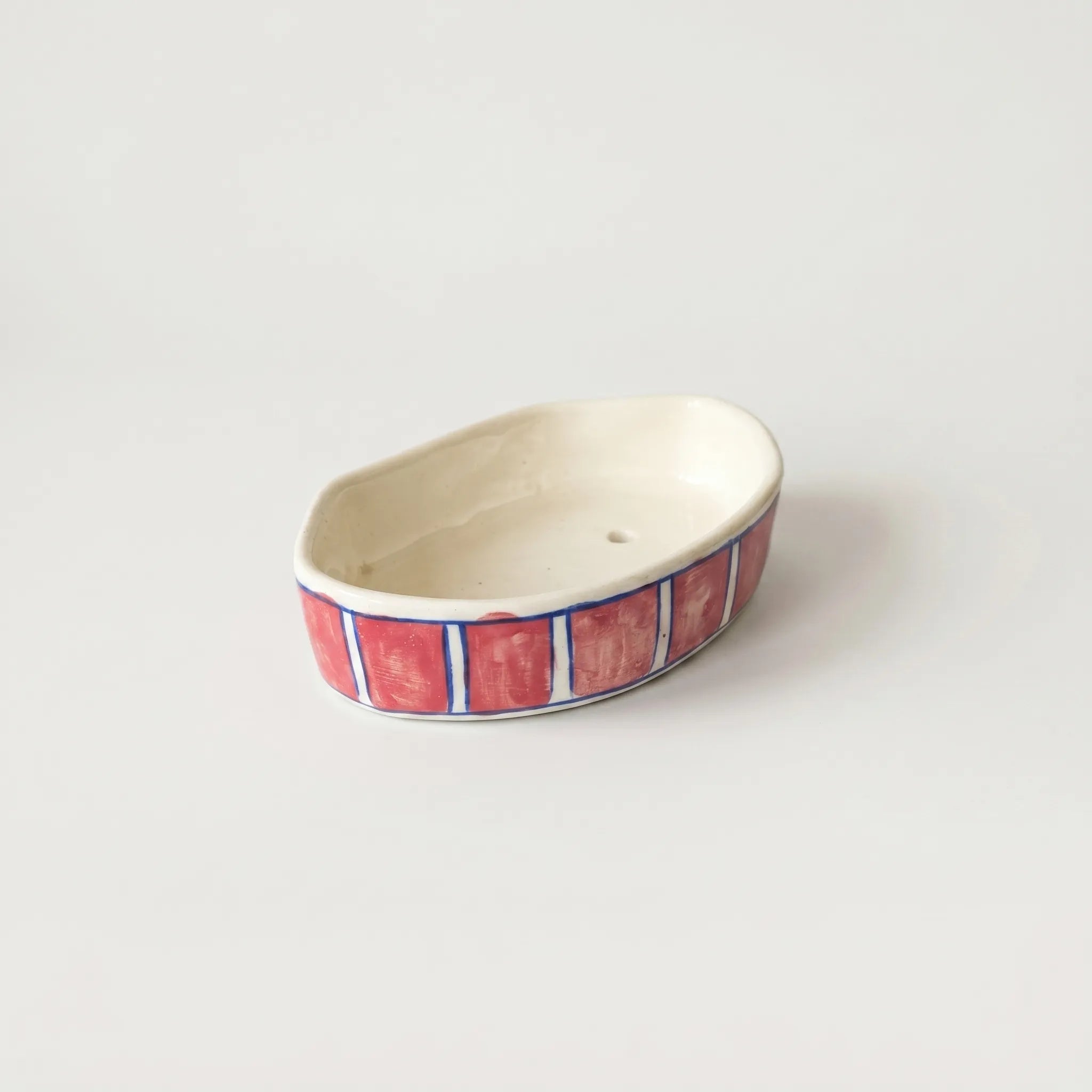 Multani Blue Pottery Soap Tray – Red Stripe Ceramic Soap Holder (6x3.5 Inch with Drainage)