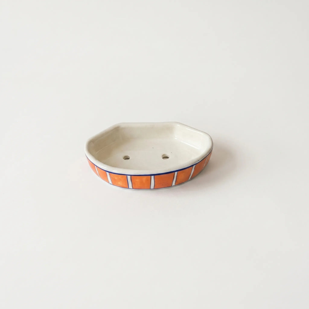 Multani Blue Pottery Soap Tray – Orange Stripe Ceramic Soap Holder (6x3.5 Inch with Drainage)