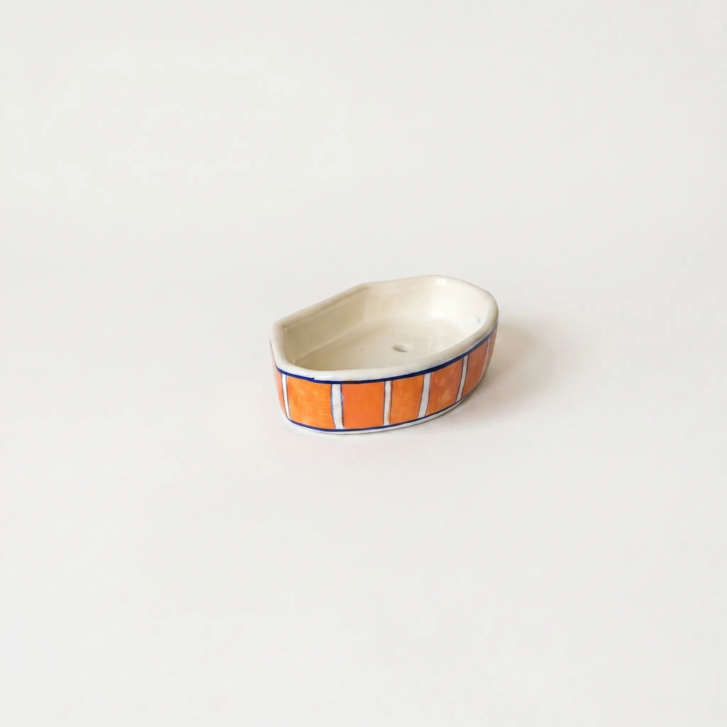 Multani Blue Pottery Soap Tray – Orange Stripe Ceramic Soap Holder (6x3.5 Inch with Drainage)