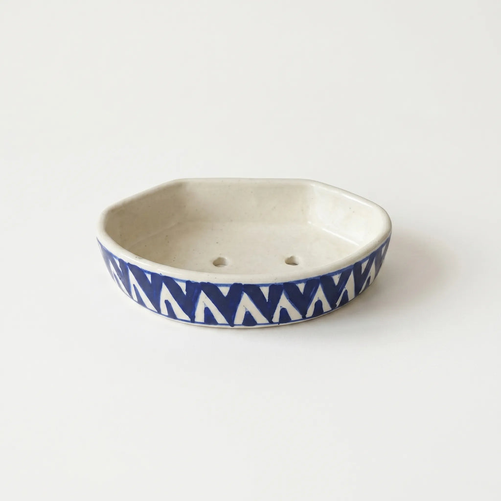 Multani Blue Pottery Soap Tray – Blue Chevron Ceramic Soap Holder (6x3.5 Inch with Drainage)