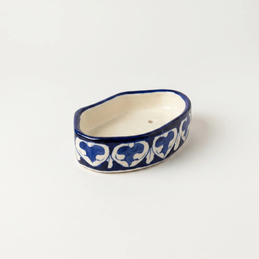 Multani Blue Pottery Soap Tray – Floral Border Ceramic Soap Holder (6x3.5 Inch with Drainage)