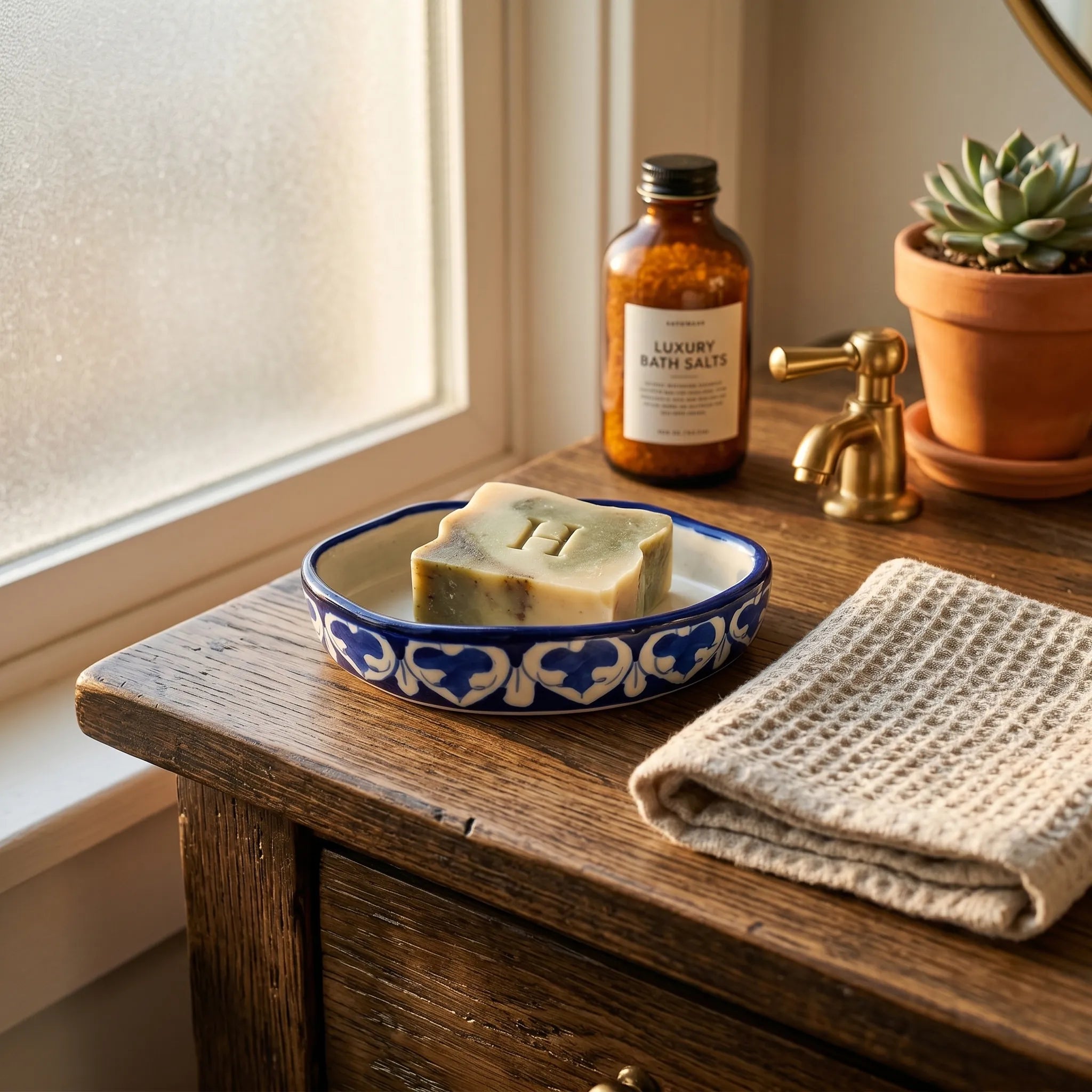 Multani Blue Pottery Soap Tray – Floral Border Ceramic Soap Holder (6x3.5 Inch with Drainage)