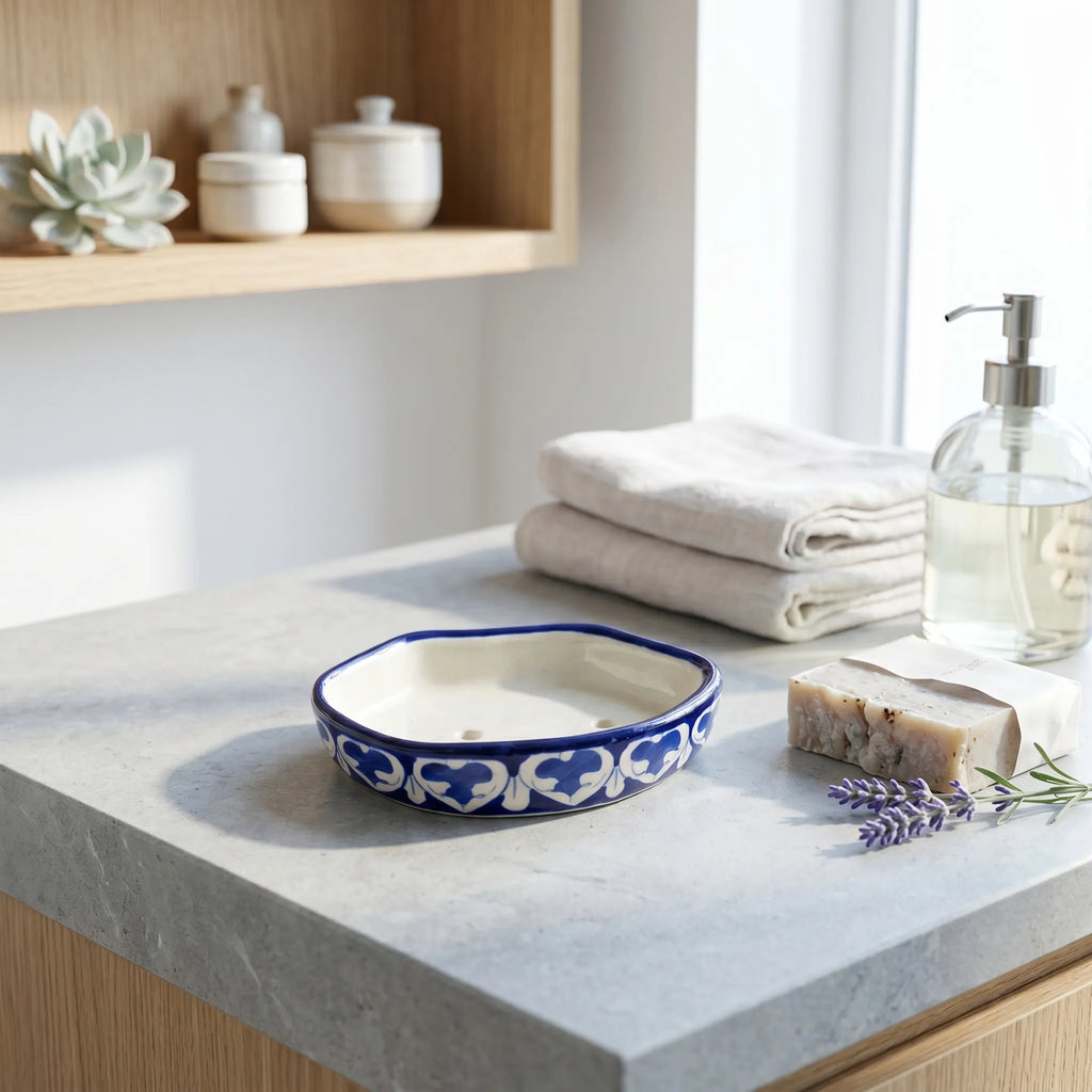 Multani Blue Pottery Soap Tray – Floral Border Ceramic Soap Holder (6x3.5 Inch with Drainage)