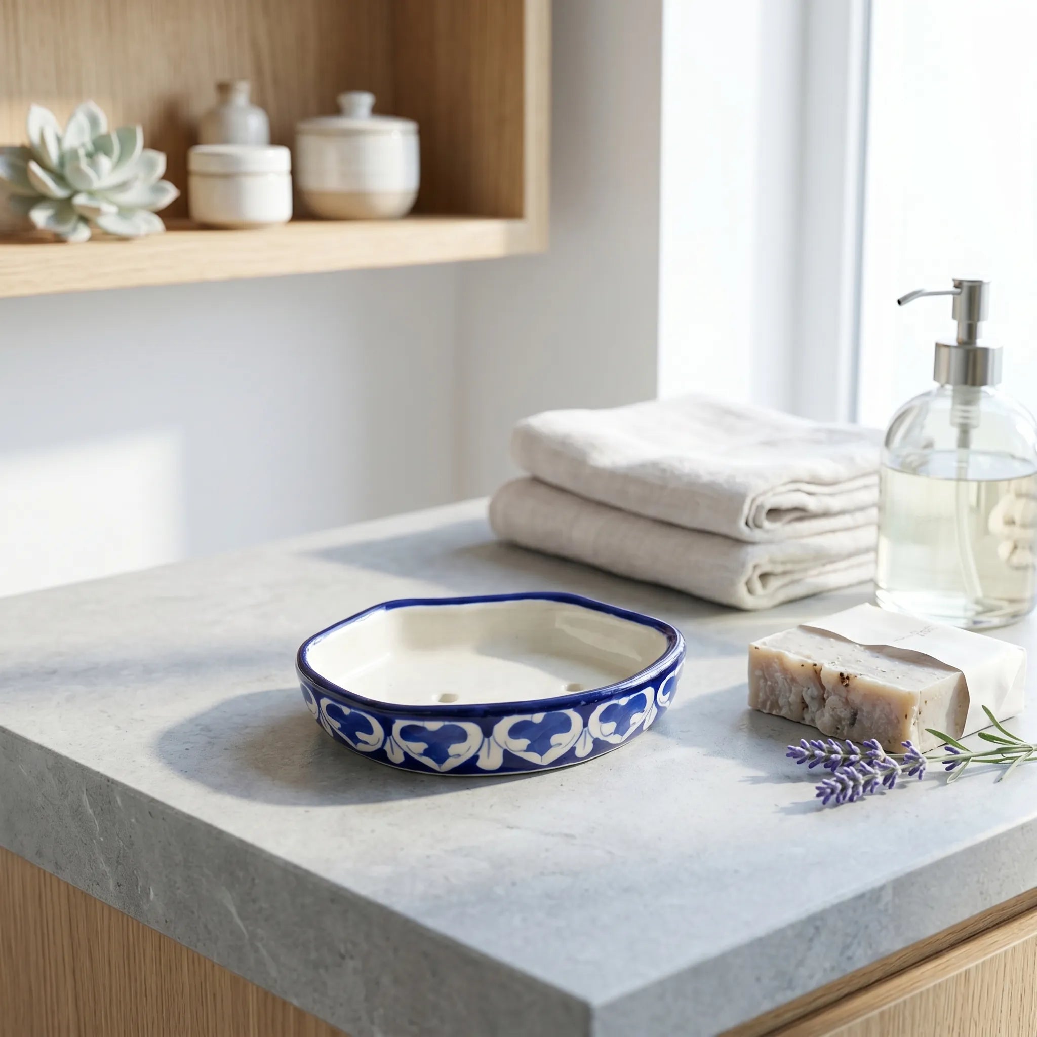 Multani Blue Pottery Soap Tray – Floral Border Ceramic Soap Holder (6x3.5 Inch with Drainage)