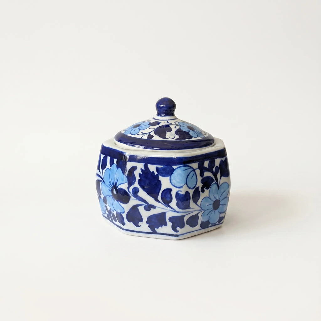 Blue Pottery Jewelry Box – Hand-Painted Ceramic Canister Jar (4.5” Decorative Storage)