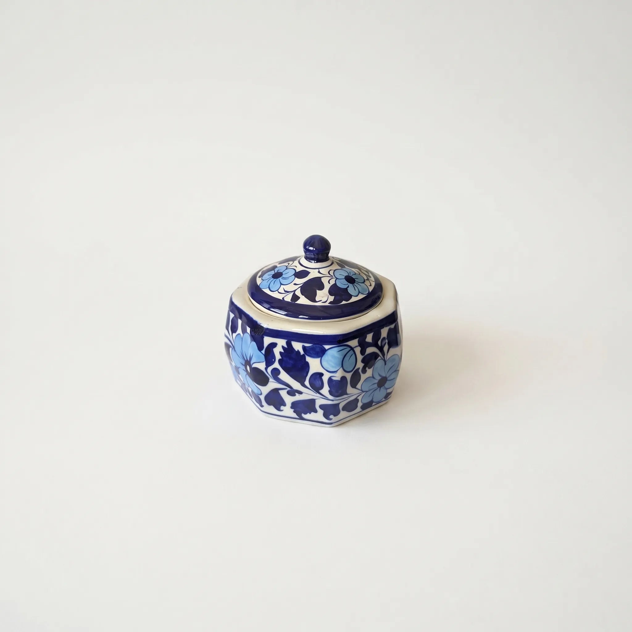 Blue Pottery Jewelry Box – Hand-Painted Ceramic Canister Jar (4.5” Decorative Storage)