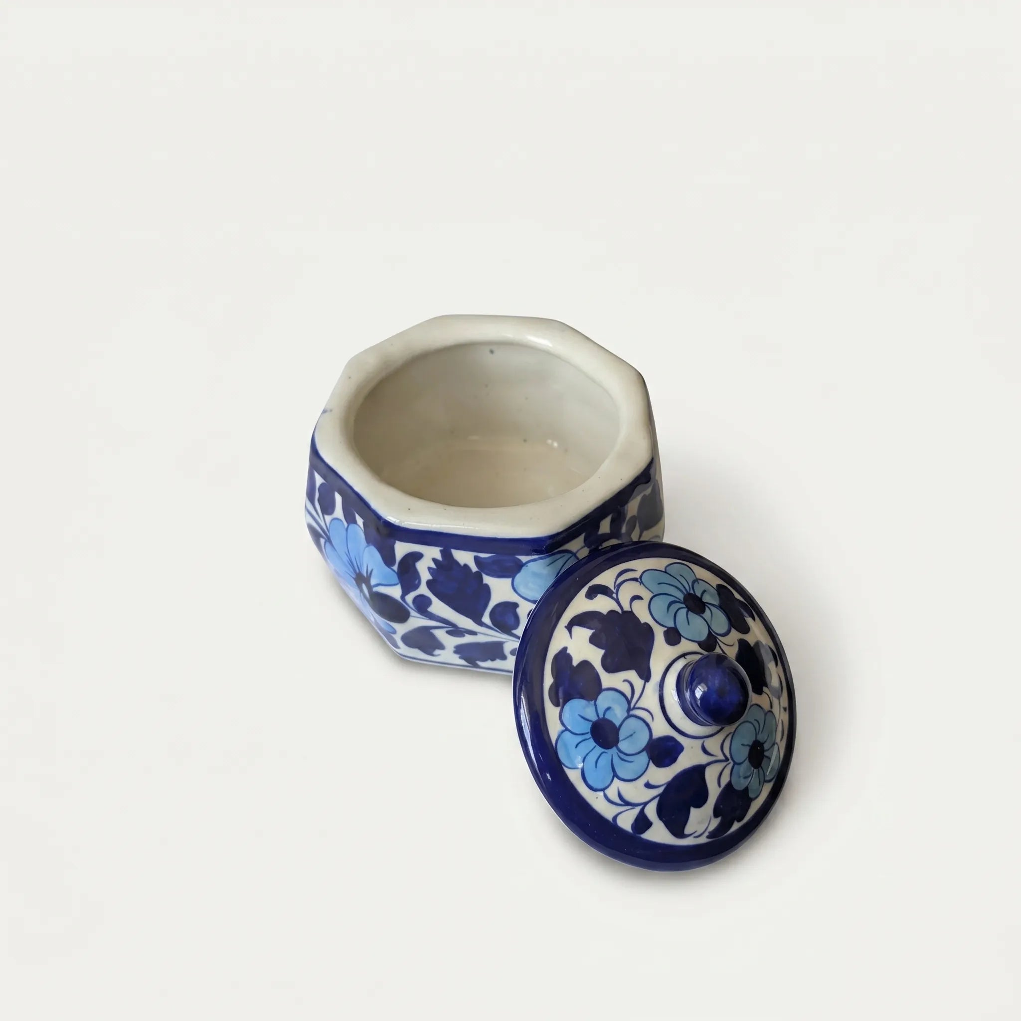Blue Pottery Jewelry Box – Hand-Painted Ceramic Canister Jar (4.5” Decorative Storage)