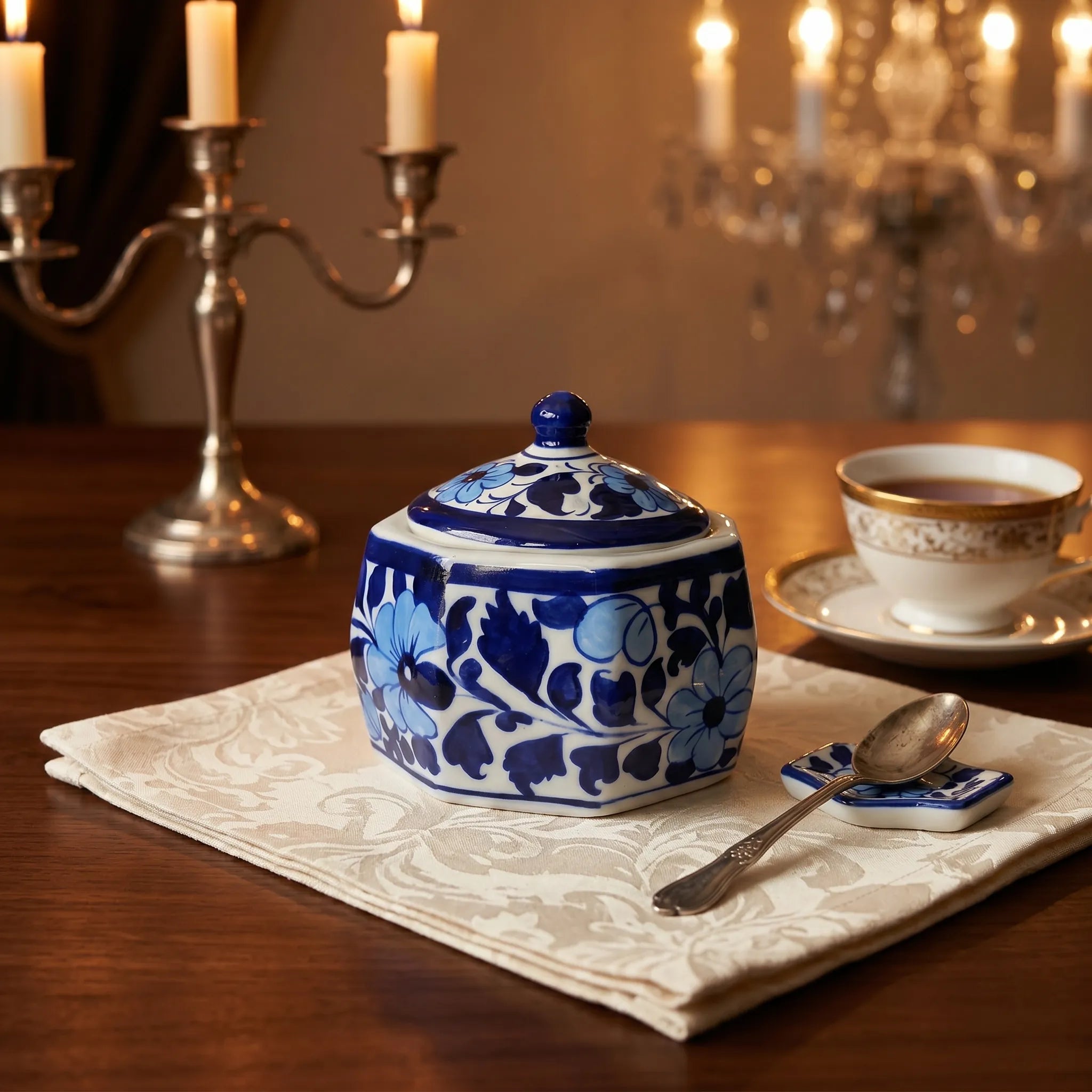 Blue Pottery Jewelry Box – Hand-Painted Ceramic Canister Jar (4.5” Decorative Storage)