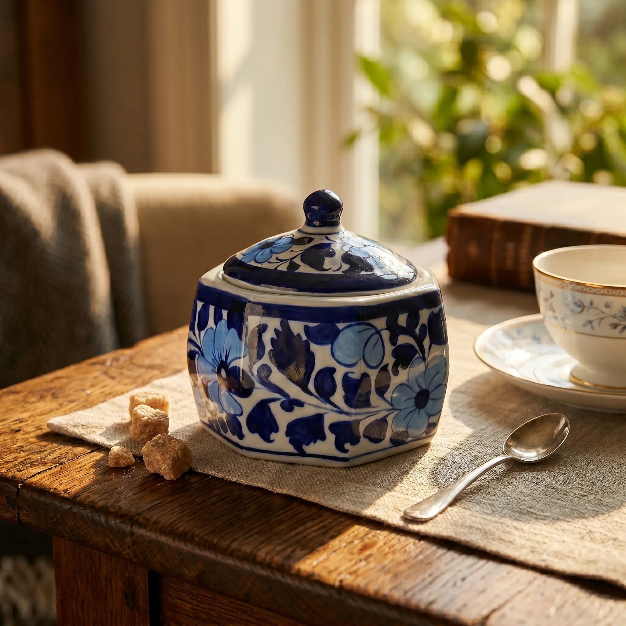 Blue Pottery Jewelry Box – Hand-Painted Ceramic Canister Jar (4.5” Decorative Storage)