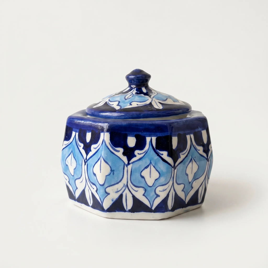 Blue Pottery Jewelry Box – Hand-Painted Ceramic Canister Jar (4.5” Geometric Floral Design)