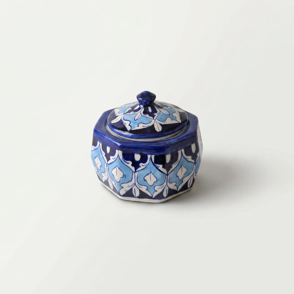 Blue Pottery Jewelry Box – Hand-Painted Ceramic Canister Jar (4.5” Geometric Floral Design)