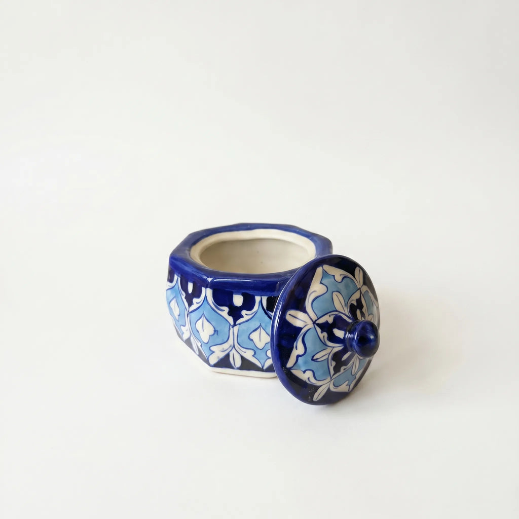 Blue Pottery Jewelry Box – Hand-Painted Ceramic Canister Jar (4.5” Geometric Floral Design)