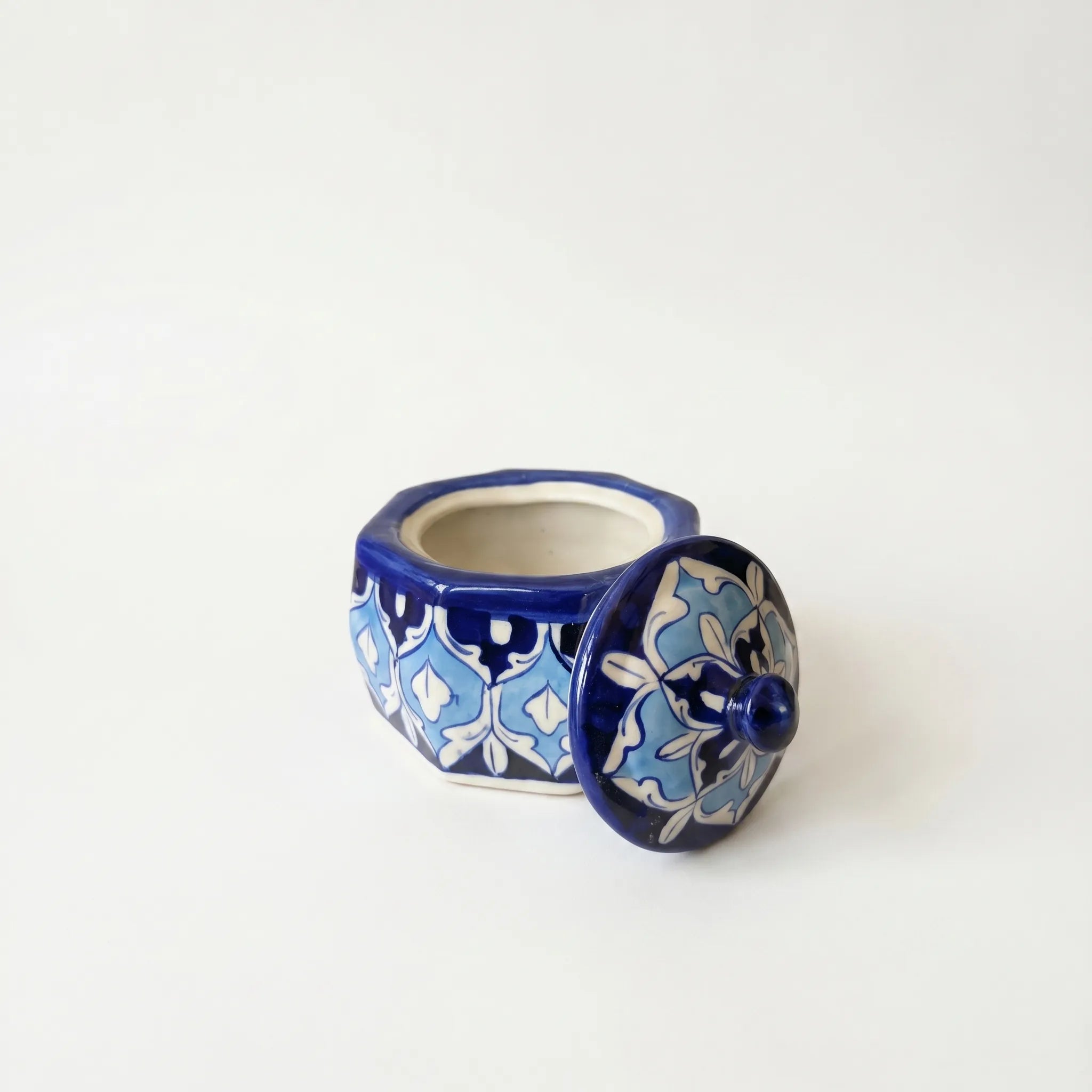 Blue Pottery Jewelry Box – Hand-Painted Ceramic Canister Jar (4.5” Geometric Floral Design)