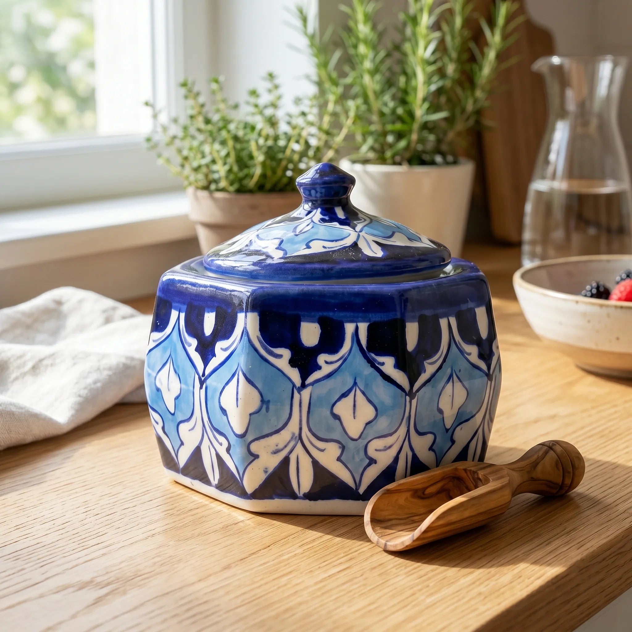 Blue Pottery Jewelry Box – Hand-Painted Ceramic Canister Jar (4.5” Geometric Floral Design)