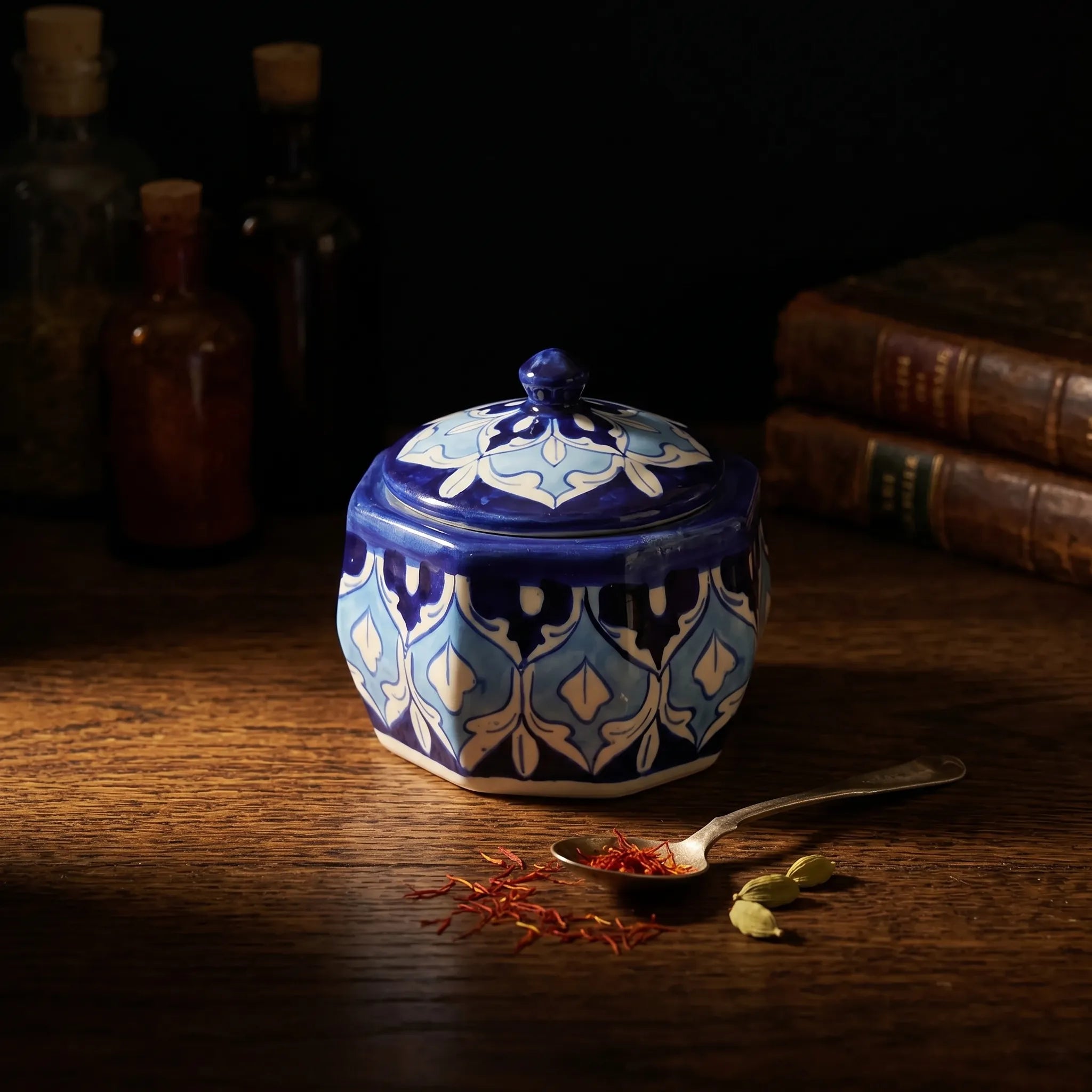 Blue Pottery Jewelry Box – Hand-Painted Ceramic Canister Jar (4.5” Geometric Floral Design)