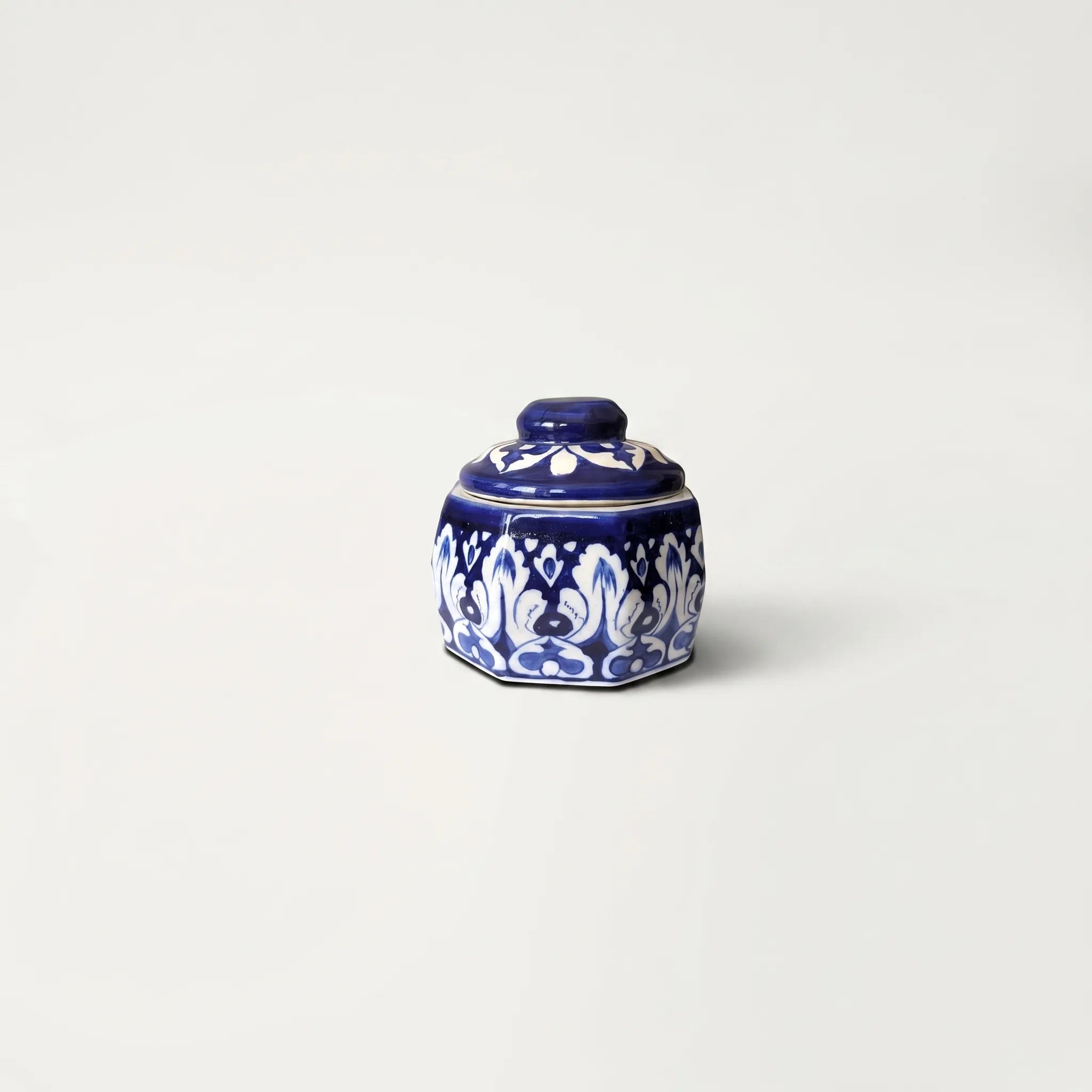 Blue Pottery Jewelry Box – Hand-Painted Ceramic Canister Jar (4.5” Classic Motif Design)