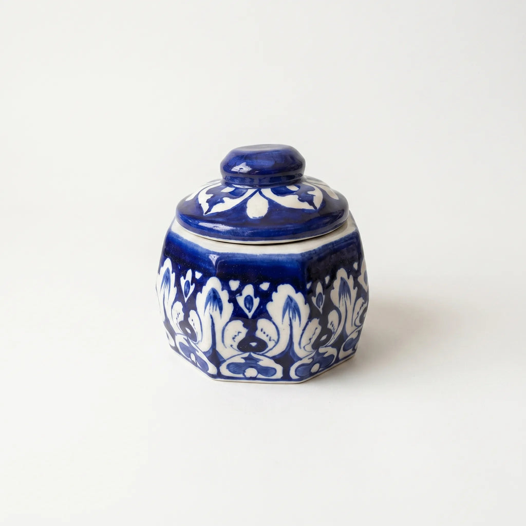 Blue Pottery Jewelry Box – Hand-Painted Ceramic Canister Jar (4.5” Classic Motif Design)