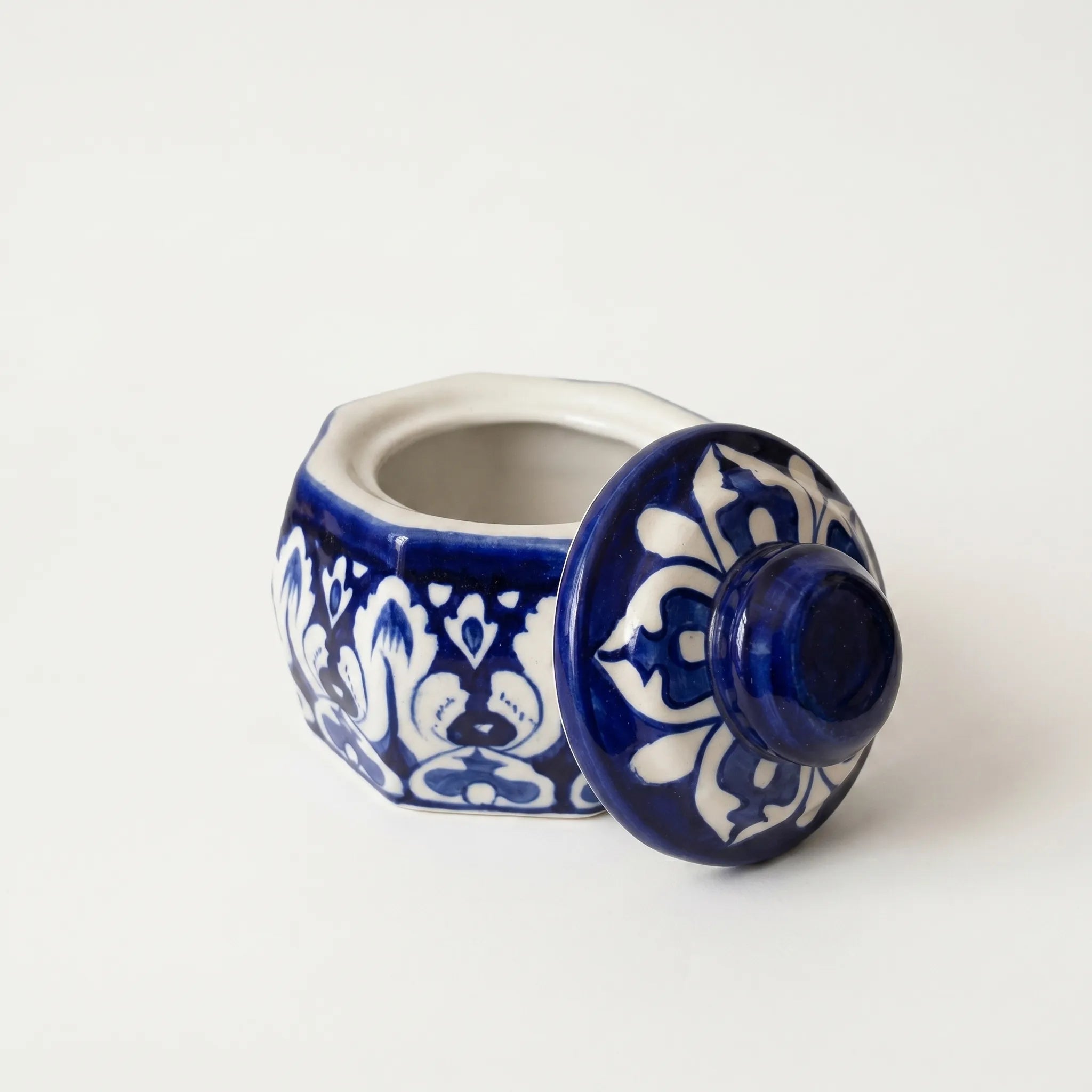 Blue Pottery Jewelry Box – Hand-Painted Ceramic Canister Jar (4.5” Classic Motif Design)