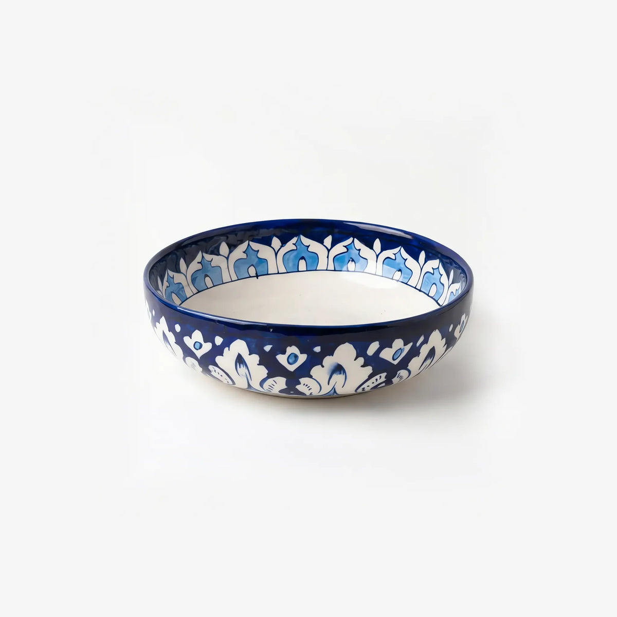 Blue Pottery Sweet Bowl - 9 Inch Hand-Painted Ceramic Serving Bowl (Cobalt Damask with Sky Blue Rim) - view 1