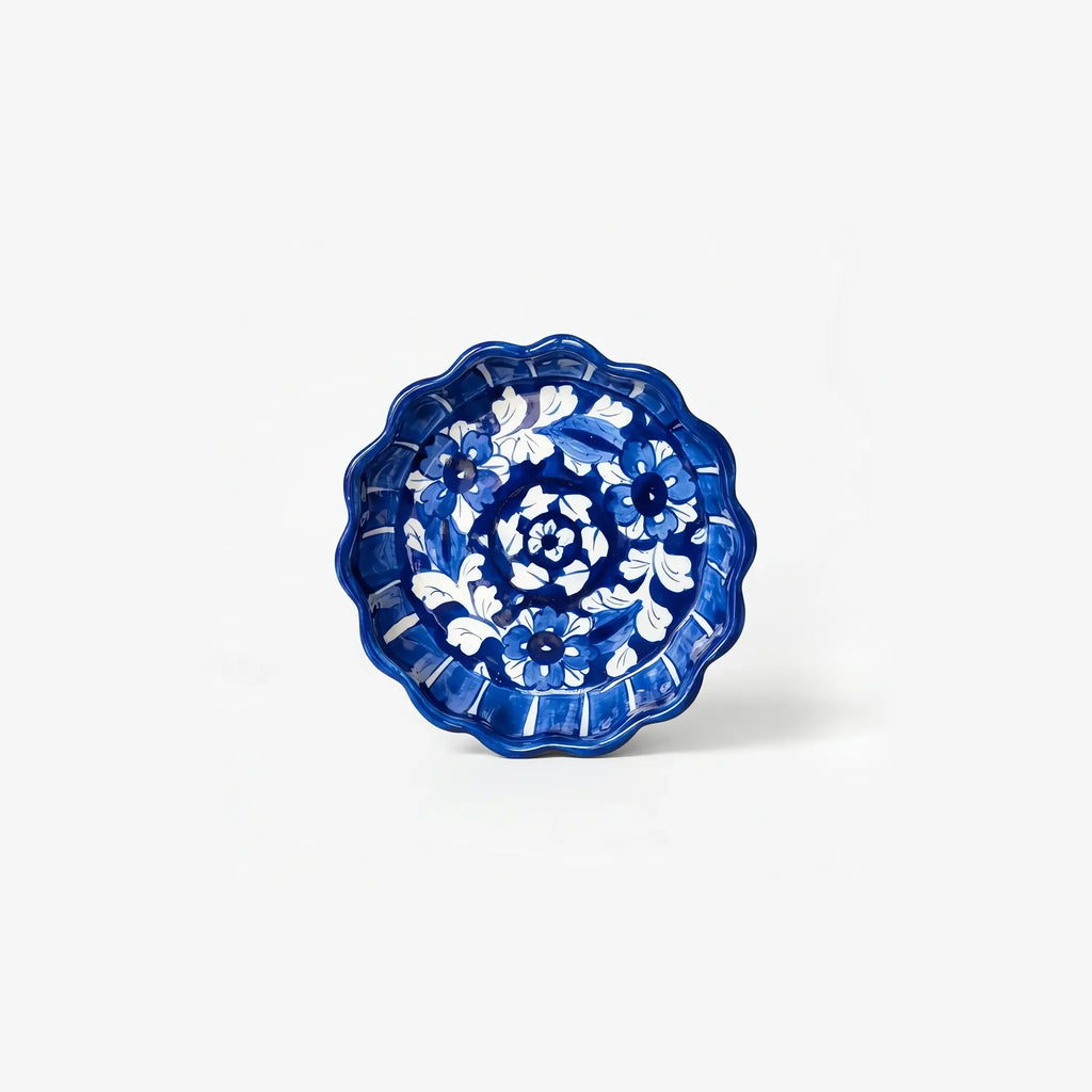 7 inch blue pottery apple pie dish in deep cobalt with white flowers