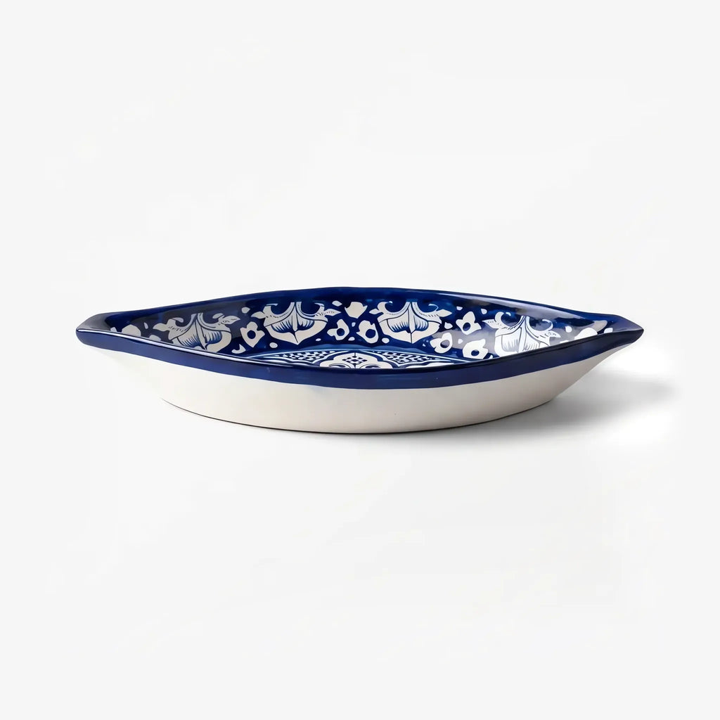 Low side view of the oval rice dish with white underside