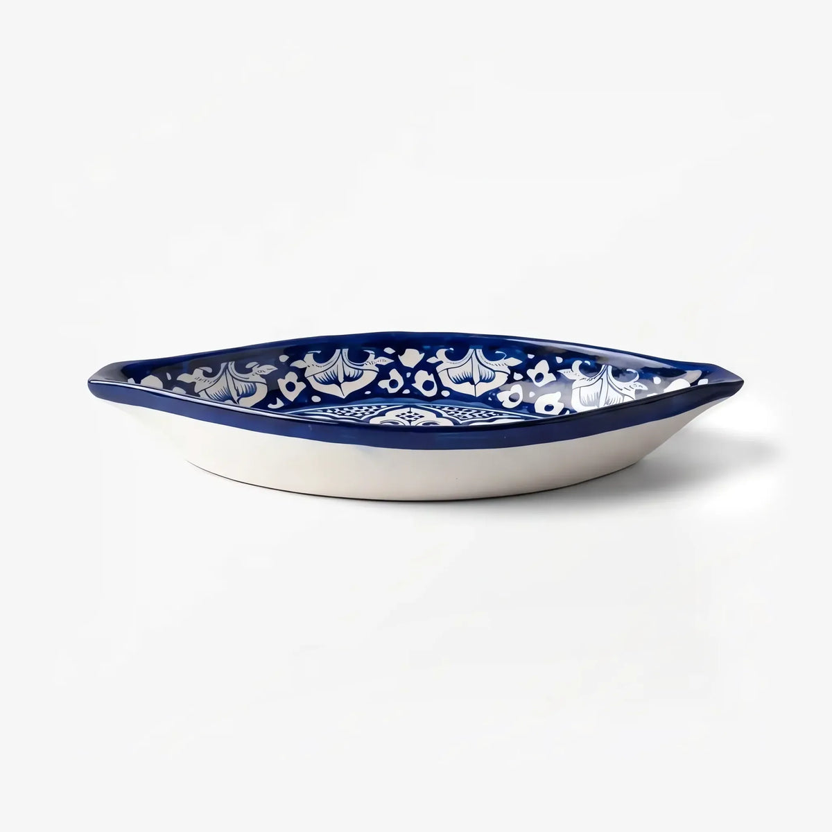 Low side view of the oval rice dish with white underside