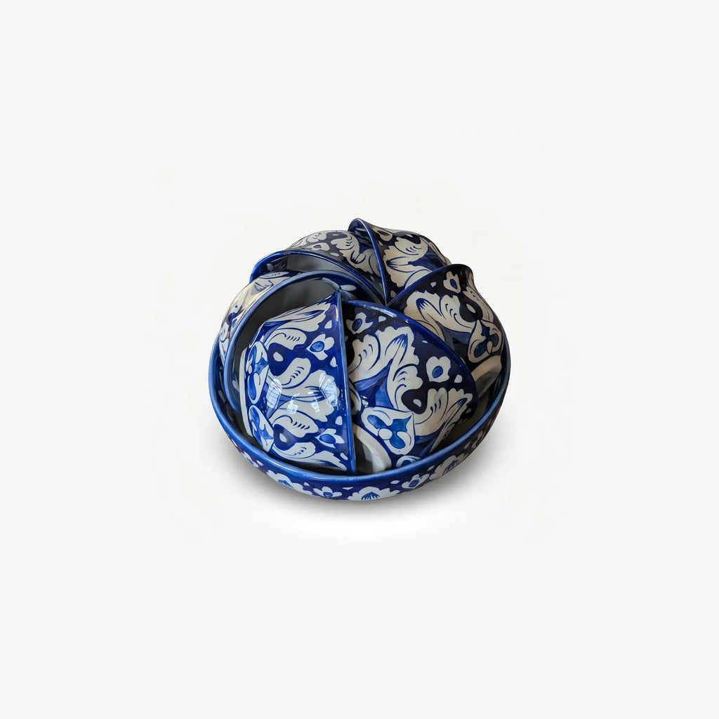 Blue Pottery Sweet Bowl Set - 9 Inch Serving Bowl with 6 Small Bowls (Cobalt Damask Design) - view 1