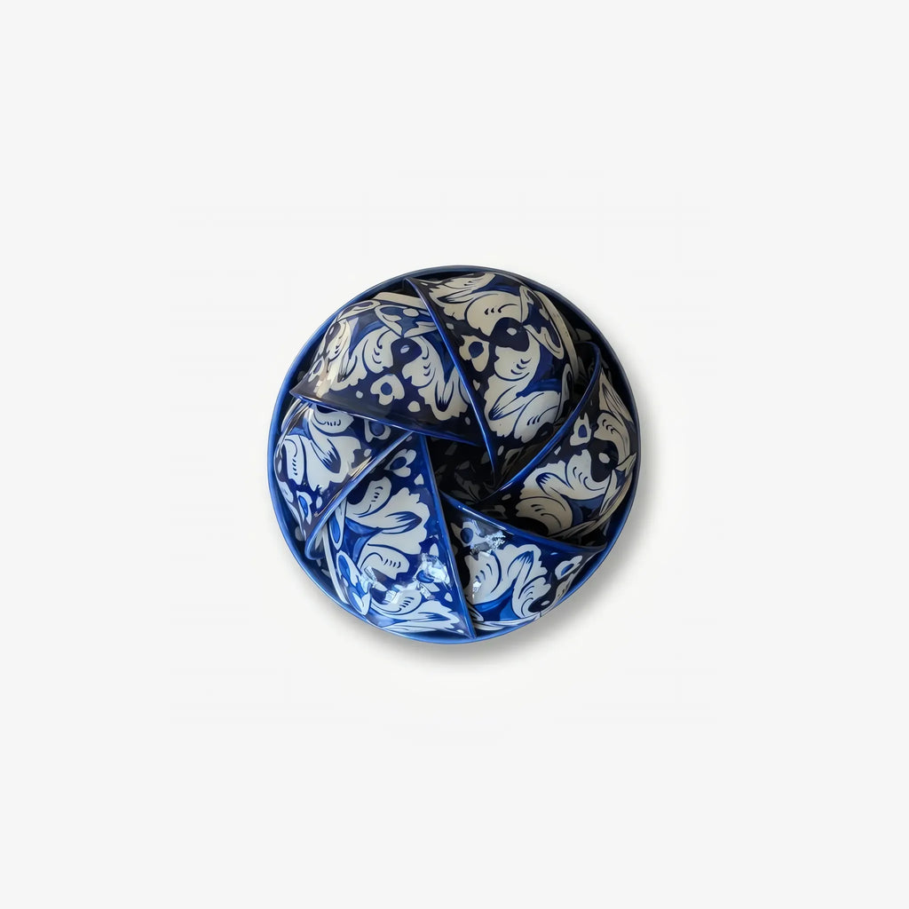 Blue Pottery Sweet Bowl Set - 9 Inch Serving Bowl with 6 Small Bowls (Cobalt Damask Design) - view 10