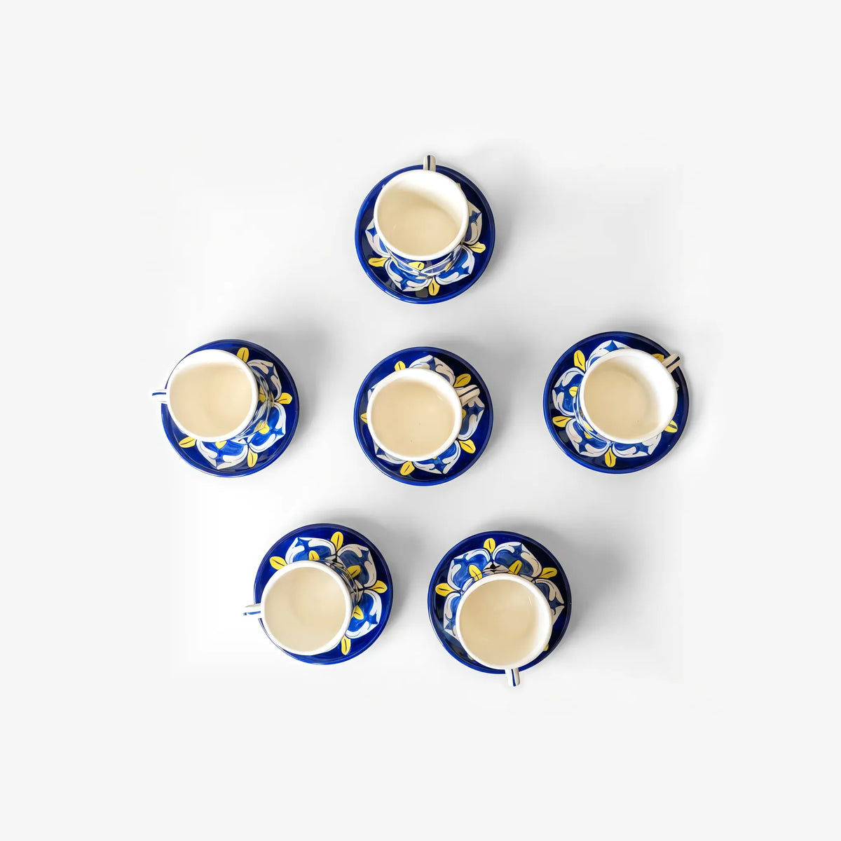 Cobalt & Yellow Blue Pottery Kehwa Cup & Saucer Set - 6 Cups (150 ml) with Saucers - view 1