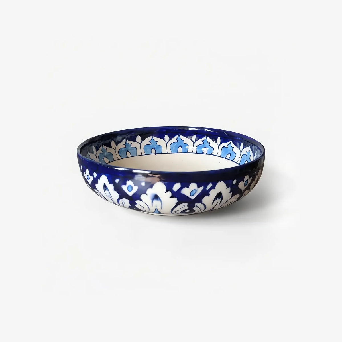 Blue Pottery Sweet Bowl - 9 Inch Hand-Painted Ceramic Serving Bowl (Cobalt Damask with Sky Blue Rim) - view 3