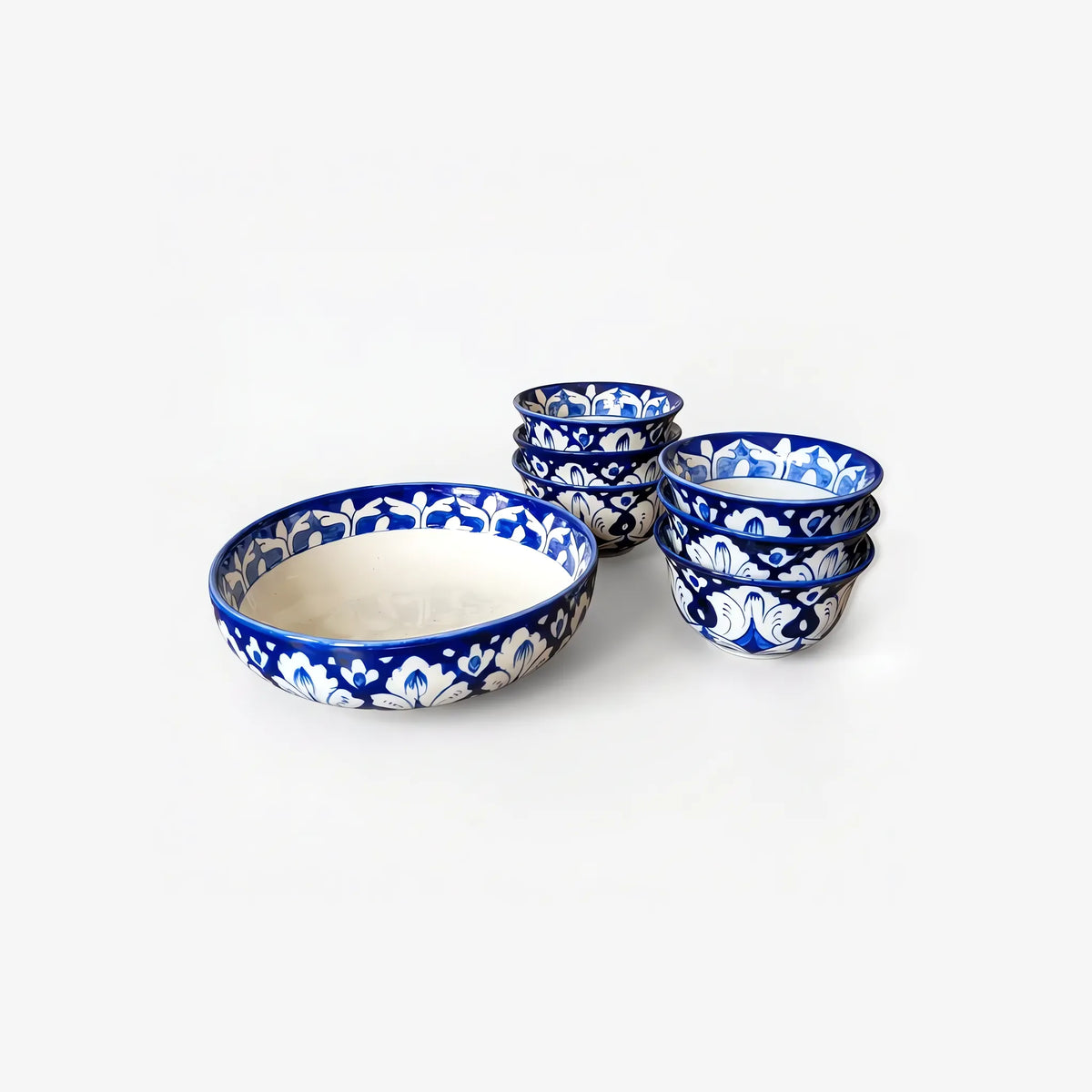 Blue Pottery Sweet Bowl Set - 9 Inch Serving Bowl with 6 Small Bowls (Cobalt Damask Design) - view 8