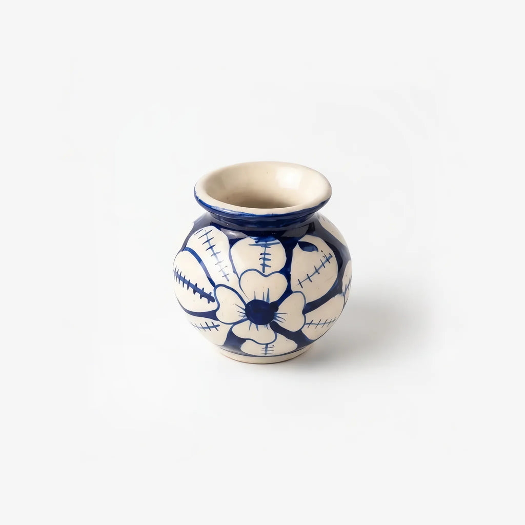 3 inch blue pottery garwi with a large stitched petal flower