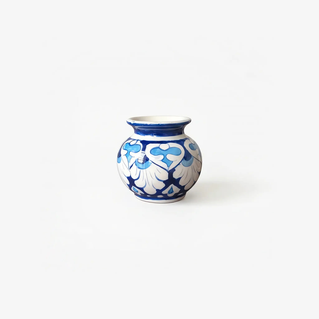 3 inch blue pottery garwi with sky-blue hearts and white palmettes