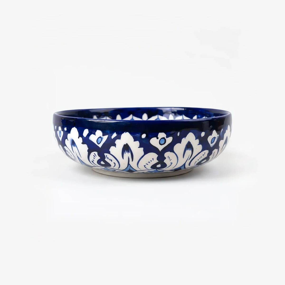 Blue Pottery Sweet Bowl - 9 Inch Hand-Painted Ceramic Serving Bowl (Cobalt Damask with Sky Blue Rim) - view 5
