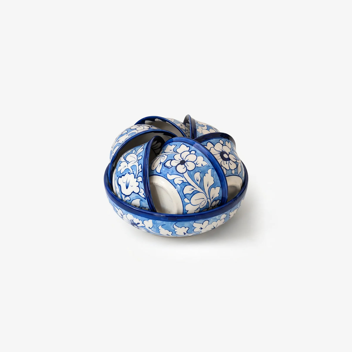 Blue Pottery Sweet Bowl Set - 9 Inch Serving Bowl with 6 Small Bowls (Sky Blue Floral Design) - view 7